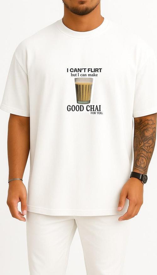 Oversize Flört Edemem Ama Senin İçin Güzel Çay Yapabilirim Göğüs Tasarımlı Unisex T-Shirt