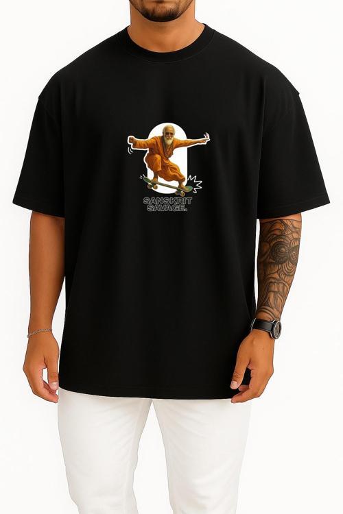 Oversize Sanskrit Savage Göğüs Tasarımlı Unisex T-Shirt