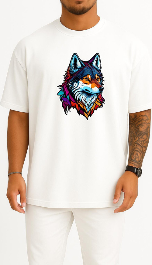 Oversize Wolf Face Logo Mascot Göğüs ve Sırt Tasarımlı Unisex T-Shirt
