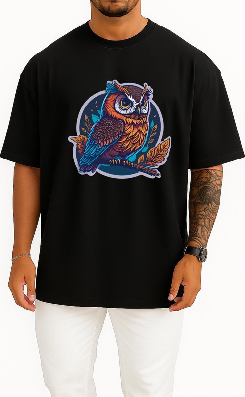 Oversize Sticker Owl Mascot Göğüs ve Sırt Tasarımlı Unisex T-Shirt