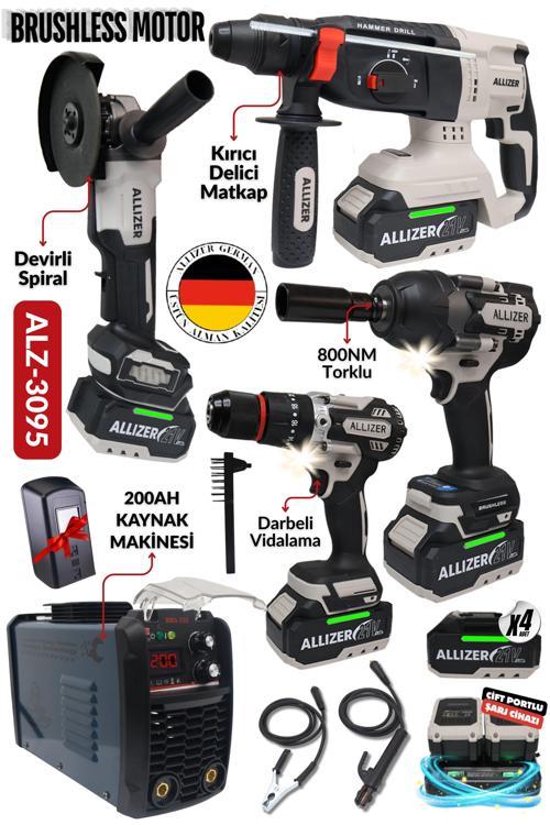 ALLIZER ALZ-3095 Brushless Set – 4’lü Akülü El Aleti + 200AH Kaynak Makinesi, Alman Kalitesi