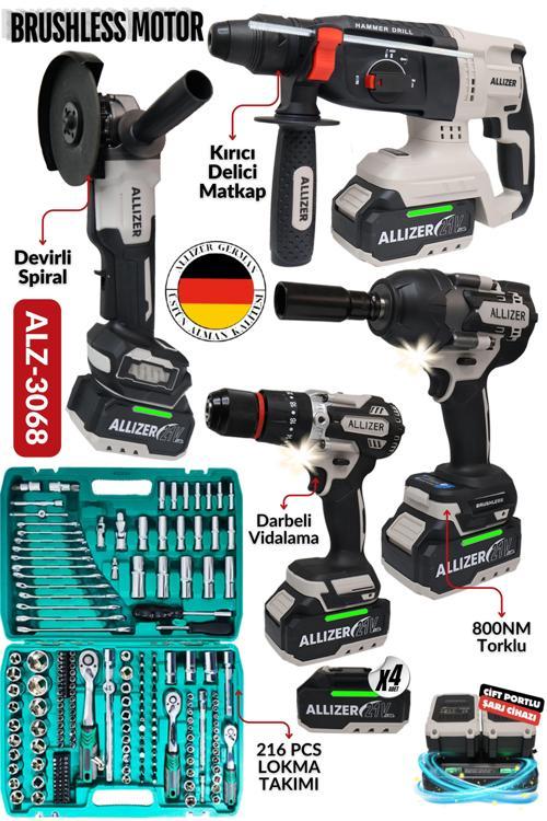 ALLIZER ALZ-3068 Brushless Set – 4’lü Akülü El Aleti + 216 Parça Lokma Takımı, Alman Kalitesi
