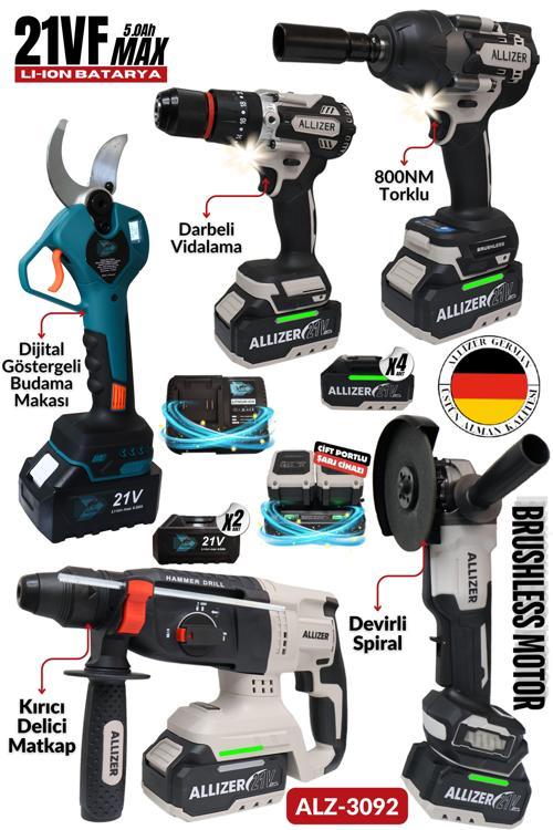 ALLIZER ALZ-3092 Brushless Set – 4’lü Akülü El Aleti + Dijital Budama Makası, Alman Kalitesi