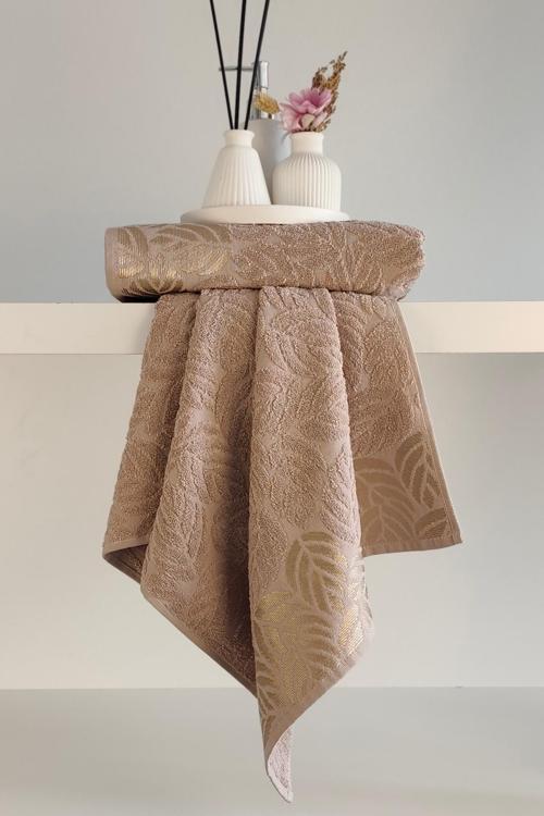 2'li Jakarlı Yaprak Desenli %100 Pamuk El Yüz Havlusu-50x90cm-Kapuçino