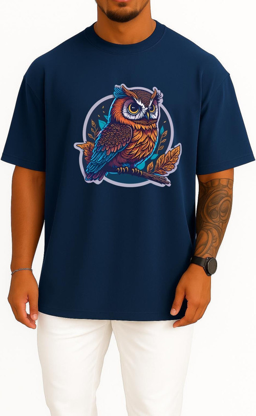 Oversize Sticker Owl Mascot Göğüs Tasarımlı Unisex T-Shirt