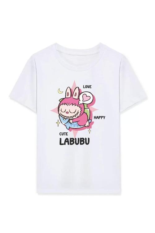 Kız Labubu Çocuk Baskılı T-Shirt - Beyaz