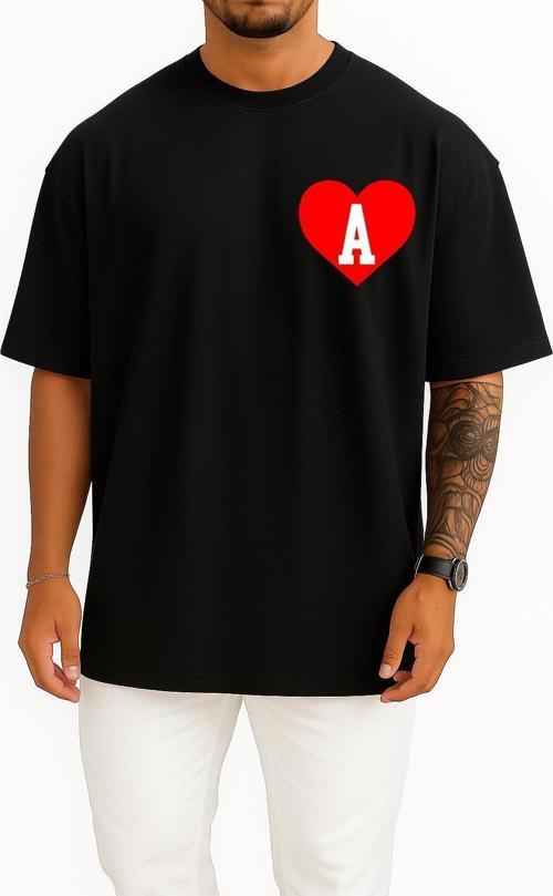 Oversize Kalp İçinde A Harfi Cep Tasarımlı Unisex T-Shirt