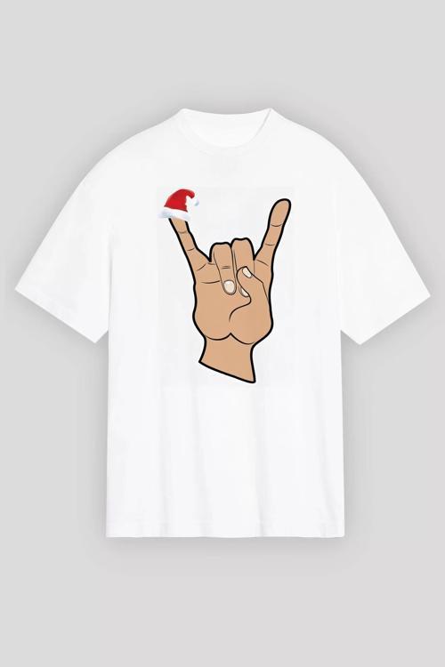Noel Başlıklı Serçe Parmak T-shirt - Beyaz