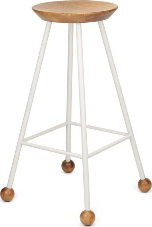 Tabure Sandalye Bar Taburesi 75 Cm Tabure Ahşap Demir Ayaklı Ahşap Topuzlu Modern Rahat Beyaz