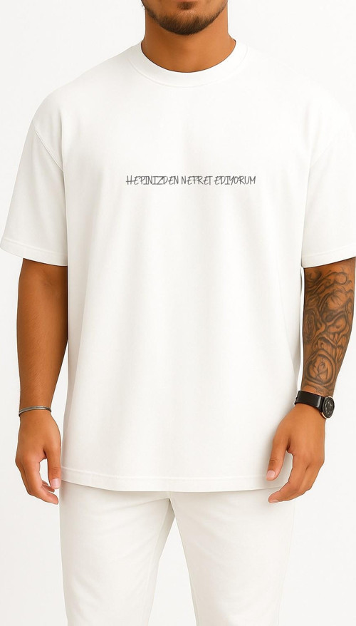 Oversize Hepinizden Nefret Ediyorum Göğüs Tasarımlı Unisex T-Shirt