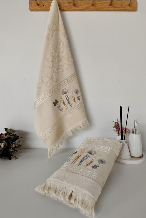 2'li Nakışlı Jakarlı Kadife El Yüz Havlusu - %100 Pamuk – Kapuçino