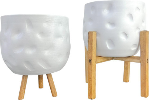 Ev Dekorasyon Aksesuar Beyaz Desenli Toprak Saksı Saksılık Salon Çiçeklik İkili Set 3-4 Ayaklı 19 CM