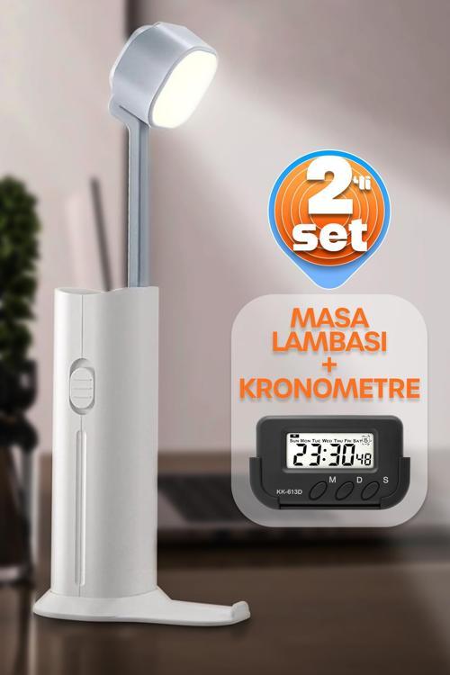 2li SET Şarjlı Masa Lambası + Kronometreli Öğrenci Saati Renk Ayarlı Ders Çalışma Okuma Lambası 975