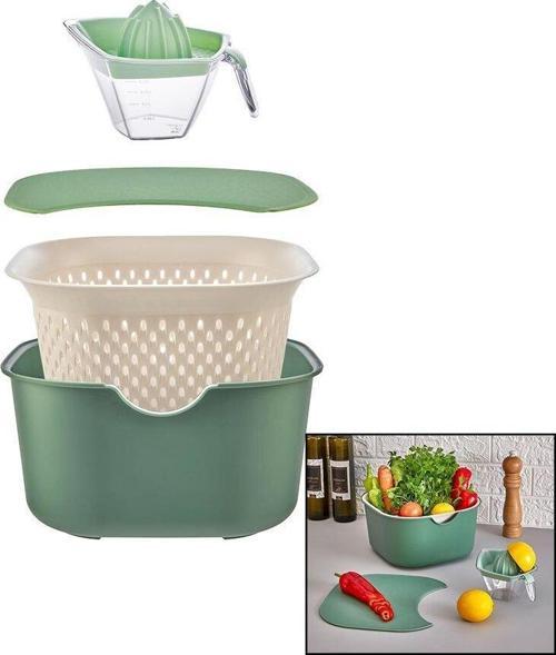 YEŞİL 5PCS MUTFAK SETİ PLS.KARIŞTIRMA KAP=4LT - SÜZGEÇ=3.5LT - KESİM PANO - SIKACAK=0.25LT (4401)