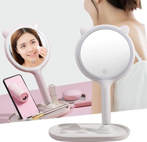 Kedi Kulaklı Telefon Standlı Yuvarlak Dokunmatik Led Ayarlı Masa Üstü Makyaj Aynası (4401)
