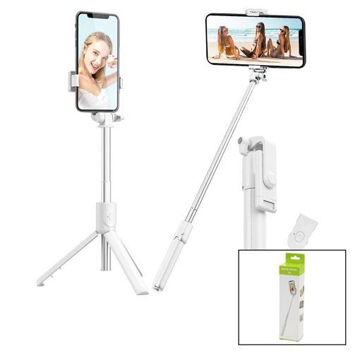 BEYAZ  SELFİ ÇUBUK - TRİPOD AYAKLI  57CM UZAYAN-KISALAN SAPLI + 10CM =67CM (4401)