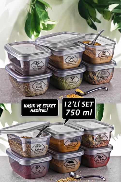 Queen's Kitchen 12 Adet 750ml Kaşıklı Ve Etiketli Saklama&Baharat Seti
