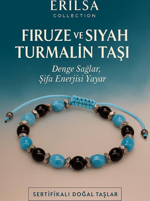 Sertifikalı Firuze ve Siyah Turmalin Taşı Bileklik - Denge Sağlayan Şifa Enerjili Takı