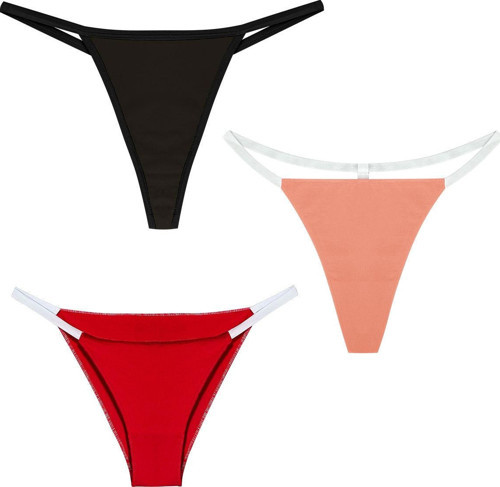 YohannesClub, Kadın, 3'lü String Set, (Brazilian, T-Thong ve Thong String Set), Kırmızı,Somon,Siyah
