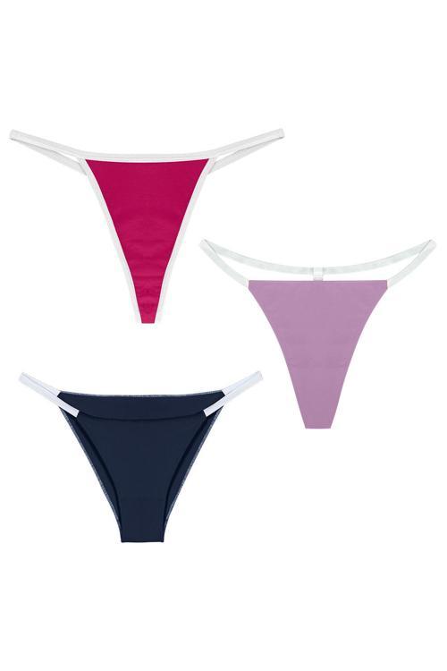 YohannesClub, Kadın, 3'lü String Set, (Brazilian, T-Thong ve Thong String Set), Lacivert, Lila, Pembe