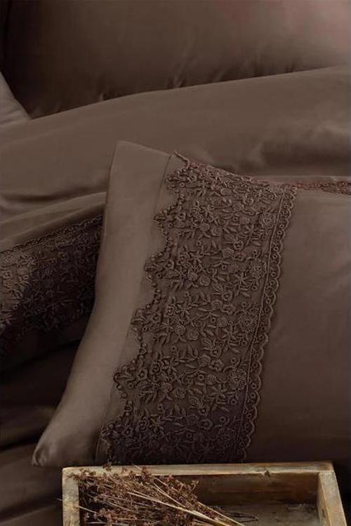 SATEN BUTİK DANTELLİ NEVRESİM TAKIMI ÇİFT KİŞİLİK GİZA V3 KAHVE