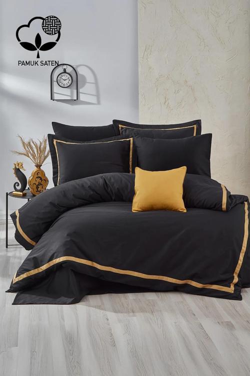 NAZİK SATEN NEVRESİM TAKIMI ÇİFT KİŞİLİK CARİSMA SİYAH HARDAL