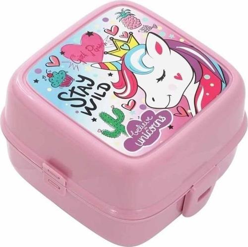 Beslenme Kutusu 4 Bölmeli Unicorn Açık Pembe Renk Kız Figürlü 1 Adet Yemek Saklama Kabı Beslenme Çantası