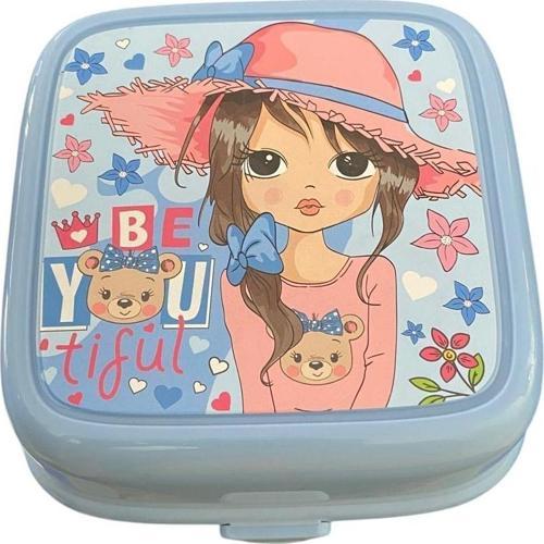 Beslenme Kutusu 4 Bölmeli Mavi Renk Kız Figürlü 1 Adet Yemek Saklama Kabı Beslenme Çantası