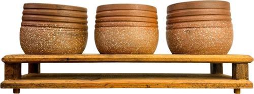 Ev dekorasyon Aksesuar Kahverengi Granit Efektli Çizgili Toprak Saksı Üçlü Ahşap Tabanlı Çiçeklik Saksı S