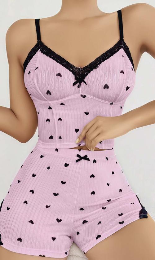 Pembe Kalp Desenli Askılı Şortlu Pijama Takım