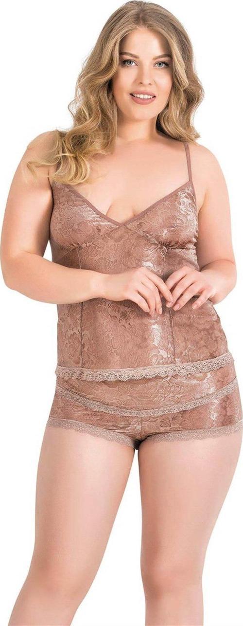 Büyük Beden Vizon Jakarlı Babydoll Şort Takımı