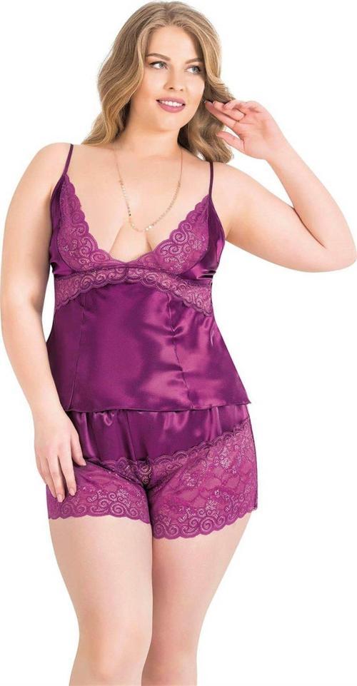Büyük Beden Mor Saten Babydoll Şort Takımı