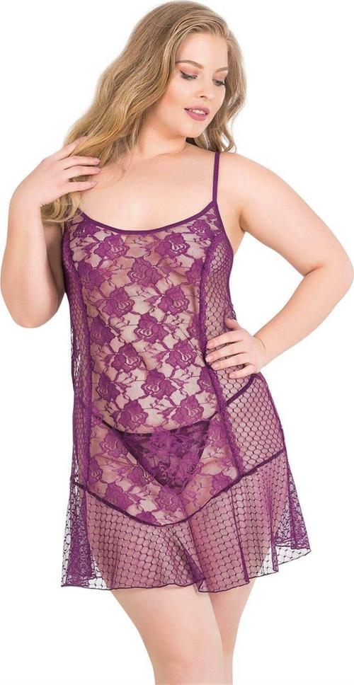 Büyük Beden Mor Kısa Tül Gecelik