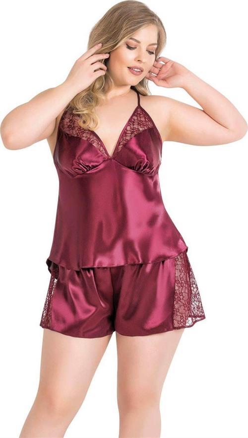 Büyük Beden Bordo Saten Babydoll Şort TakımI