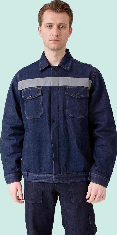 Erkek Denim ISG Mont Koyu Reflektör Detaylı CE Tulipa Kot İş Güvenliği Reflektörlü Ceket