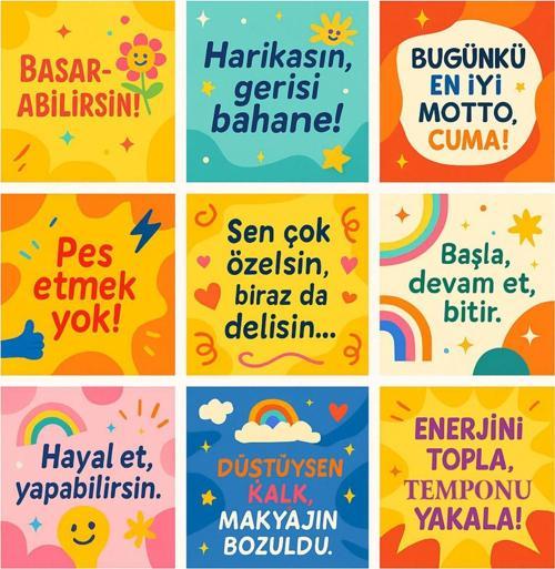 Renkli & Esprili 9’Lu Motivasyon Pola Kart Seti – 10X10 Cm Dekoratif Tasarım