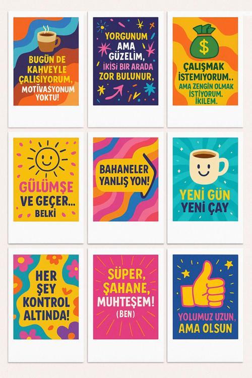Renkli & Esprili 9’Lu Motivasyon Pola Kart Seti – 10X15 Cm Dekoratif Tasarım