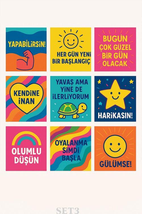 Renkli & Esprili 9’Lu Motivasyon Pola Kart Seti – 7X7 Dekoratif Tasarım