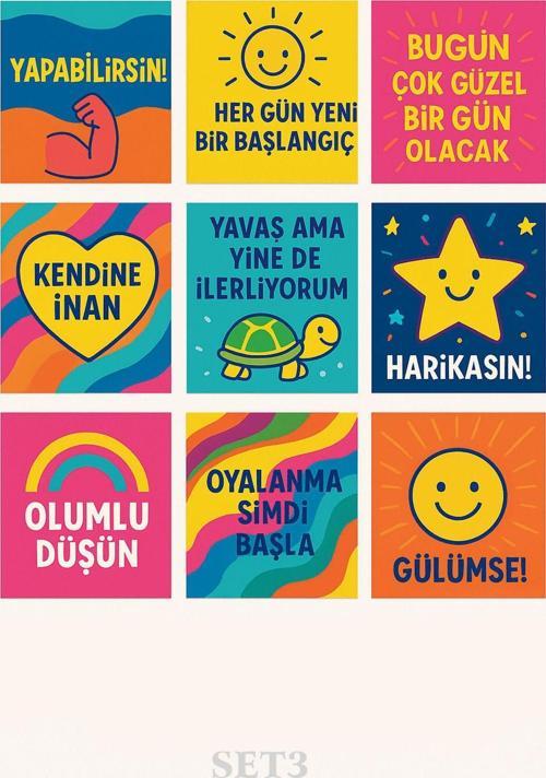 Renkli & Esprili 9’Lu Motivasyon Pola Kart Seti – 7X7 Dekoratif Tasarım