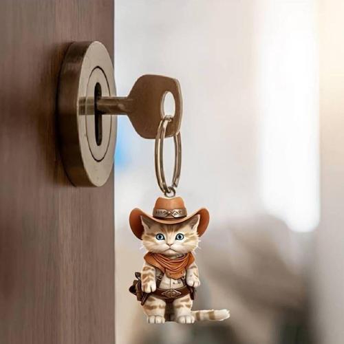 2D Kovboy Kedi Anahtarlık,Kolye, 0.3 Cm Kalınlık, Çift Taraflı Tasarım, Anahtarlar Ve Çantalar İçin