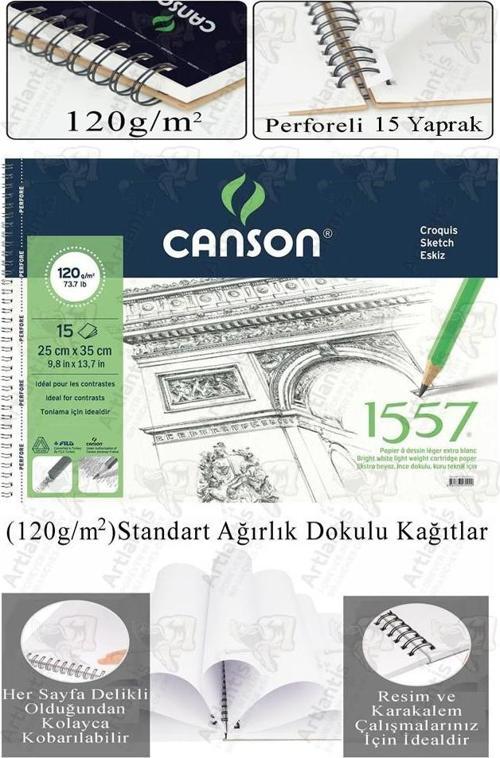 Telli Eskiz Defteri Canson 1557 25x35 cm Spiralli 15 Yaprak 1 Adet 120 gr Karakalem Sketch Resim Guaj Sulu Pastel