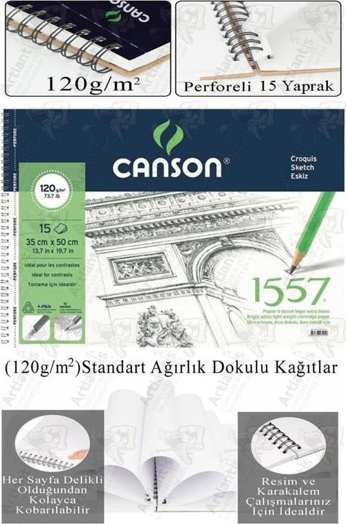 Telli Eskiz Defteri Canson 1557 35x50 cm Spiralli 15 Yaprak 1 Adet 120 gr Karakalem Sketch Resim Guaj Sulu Pastel