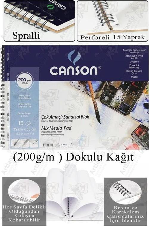 Çok Amaçlı Sanatsal Blok 35x50 cm 200 gr 15 Yaprak 1 Adet Canson Resim Defteri Akrilik Yağlı Guaj Keçeli Sulu Boya