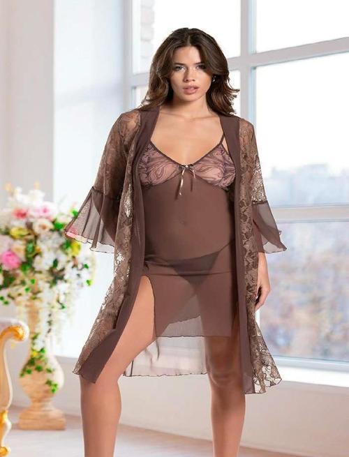 Haki Transparan Dantel İşlemeli Tül Yırtmaçlı 2'li Gecelik Takımı