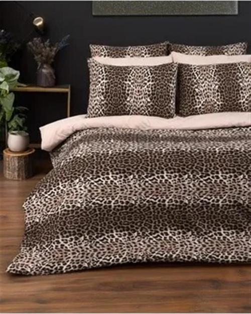 Çift Kişilik Nevresim Takımı Lastikli Çarşaflı Leopar Bej Kombinli
