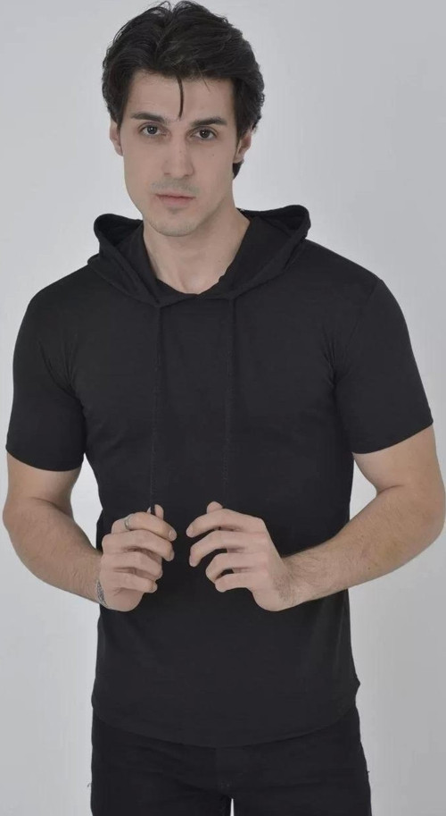 Erkek Kapşonlu Slim Fit T-shirt - Siyah