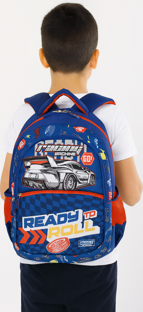 Mu-9152 Erkek Çocuk Okul Çantası – Yarış Arabası Desenli, Çok Bölmeli, Rahat Taşımalı