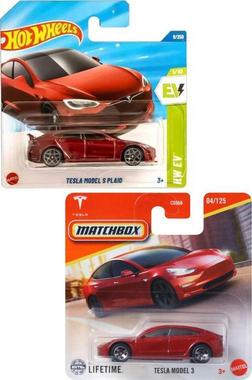 2 Araç Set - Matchbox Tesla Model 3 & Hot Wheels Tesla Model S Plaid (1/64) Kırmızı