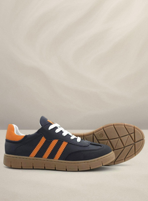 Hakiki Deri Lacivert Turuncu Bağcıklı Fermuarlı Çocuk Sneakers Ayakkabı