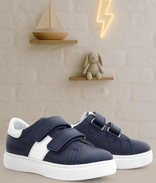 Hakiki Deri Lacivert Beyaz Cırt Cırtlı Erkek Çocuk Spor Ayakkabı